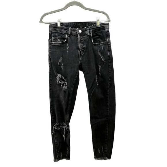 Zara Distressed Skinny Jeans Womens 30 Black Button Fly Mid Rise Ankle Stretch - Picture 1 of 12